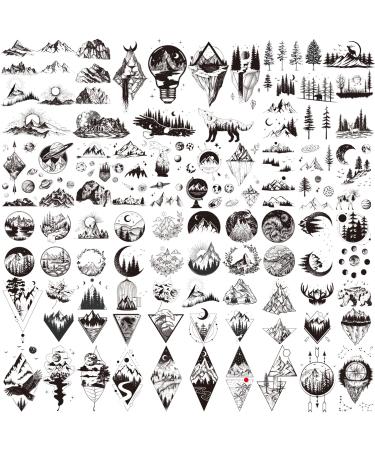 140 Pcs Black Mountain Temporary Tattoos For Women Men Adult  Realistic Tattoos Long Lasting Waterproof  Including Star Sun Moon Geometric Forest Tree(56 Sheets) Black Mountain Temporary Tattoos  56 Sheets
