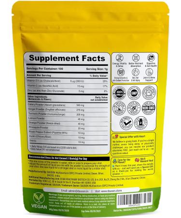 Ginger Turmeric Detox Tea & Wellness Shots Refreshing Lemon Licorice & Decaf Green Tea Blend with Celery Inulin Pineapple Vitamin C D3 & Zinc | 100 Servings | Caffeine-Free Vegan Gut-Friendly - Buy Online on GoSupps.com