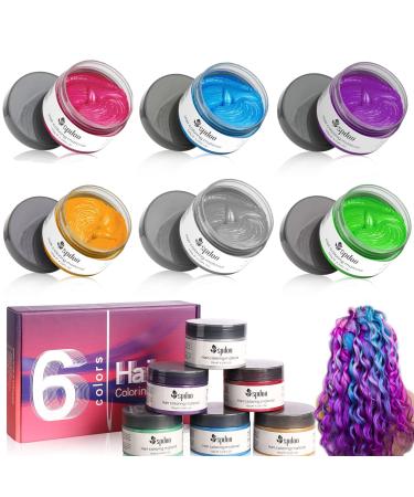 6 Colors Temporary Hair Color Wax  Color Hair Dye Hair Paint  Colored Hair Wax Non Permanent Hair Color for Men Women Kids Daily Party Cosplay Halloween DIY Blue&Gray&Green&Gold&Purple&Pink
