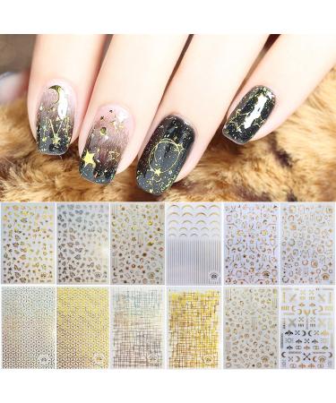 TOROKOM 12 Sheets Metallic Self-Adhesive Nail Stickers for Women  3D Metallic Star Moon Leaf Line Nail Design Stickers Decals Manicure Fingernail Decorations Gift for Women Girls