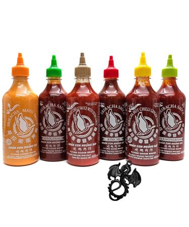 esnado esnado Flying Goose Sriracha Hot Chili Sauce Set of 6 Different Varieties 6 x 455 ml Chili Sauce with Dragon Pendant