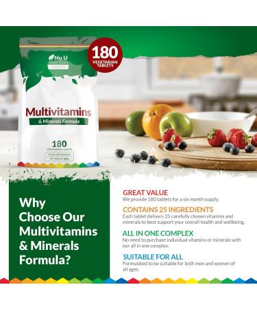 Multivitamin Tablets for Men & Women - 180 Tablets - 6 Month Supply - 25 A-Z Multivitamins & Minerals Including Iron Zinc & Vitamin D - One a Day - Vegetarian - Made in The UK - Nu U Nutrition 180 count (Pack of 1) - Buy Online on GoSupps.com