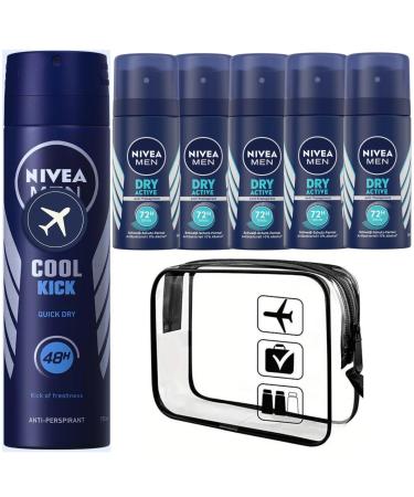 Mens Deodorant Anti-perspirant Mini Spray Bundle with Nivea Dry Active (5x35ml) and Cool Kick 48h (1x150ml) in a Clear Travel Bag Airport Approved - Buy Online on GoSupps.com
