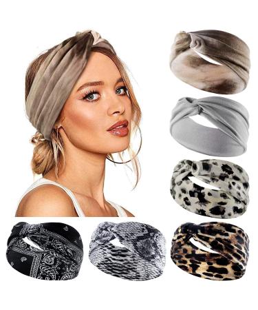 Kavya Wide Hair bands for Women Boho Headbands for Women's Hair Elastic Soft 6 Pieces Headband Print Head bands Adult Women Accessories Yoga Sports Hairband Multicoloured Thin Headscarf Set-5