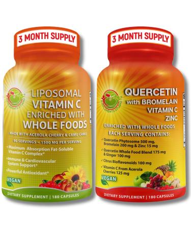 Quercetin with Bromelain Vitamin C & Zinc + Liposomal Vitamin C 1500mg Immune Support Bundle with Organic Acerola Cherry Camu Camu & Citrus Bioflavanoids Vegan Non-GMO Clean Wellness Support