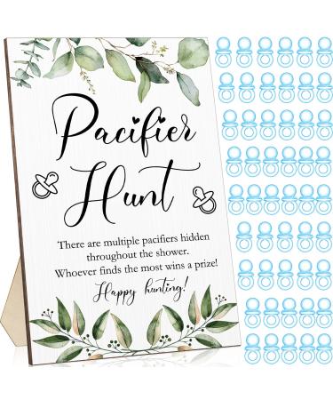 51 Pcs Cool Baby Shower Games Include Baby Pacifier Hunt Sign Wooden Baby Gift Sets Gender Reveal Party Favors 50 Acrylic Baby Pacifiers Mini Plastic Pacifiers for Baby Gender Reveal (Greenery  Blue) Blue Greenery