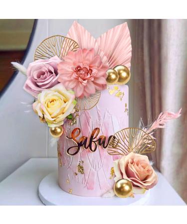 Boho Cake Topper Flower Cake Topper with Rose Ginkgo Leaves and Balls for Boho Themed Party Supplies (Pink) - Buy Online on GoSupps.com
