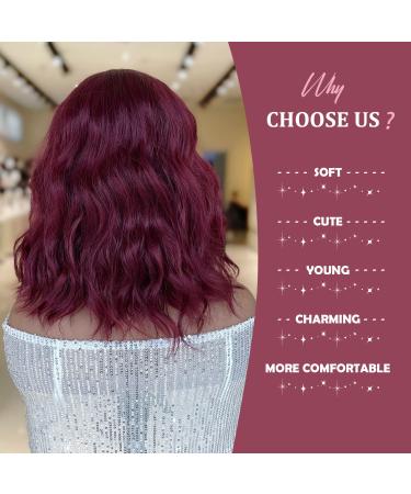 SOKU Bob Wavy Wig with Bangs Burgundy 14 Inch - Natural Wave Hair Dark Wine Curly Wig for Women - Heat Friendly Synthetic Fiber - Daily Wear - Natural Looking - Buy Online on GoSupps.com