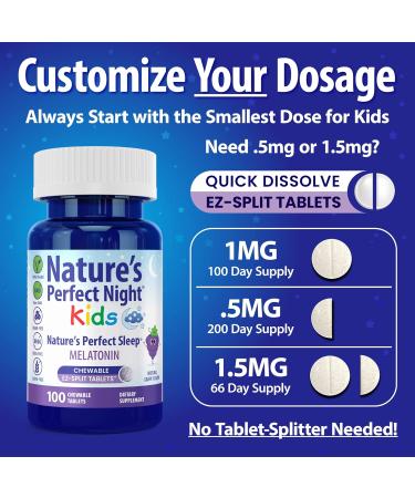 Nature's Perfect Night Kids | Kids Melatonin 1mg | 100 Chewable Tablets | Natural Grape Flavor | Sugar Free | Vegan | Gluten Free | Drug Free | Value Size - Buy Online on GoSupps.com