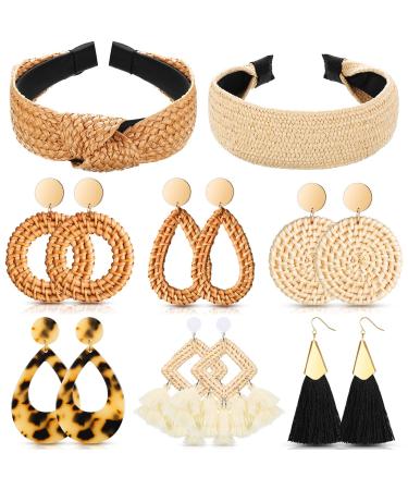 8 Pieces Knotted Rattan Headband Earrings for Women Wide Straw Boho Headbands Twist Knot Hair Accessories Lightweight Geometric Jewelry Beach Tassel Woven Braid Drop Dangle Earrings (Stylish Style)