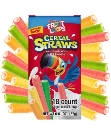 2023 Kellogg's Cereal Straws Froot Loops Edible Breakfast Straw Alternatives for Milk, 90's Childhood Nostalgic Treat, Cereals for Kids, 18 Count
