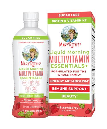 MaryRuth's Liquid Morning Multivitamin Essentials+ | Vitamin A C D E B6 B12 K2 Biotin Zinc | Mens Womens Multivitamin | Immune Support | Beauty | Sugar Free | Vitamins for Ages 1+ | Vegan | 32 Fl Oz Strawberry