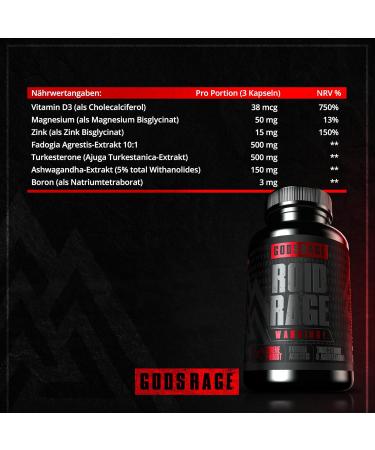 Godsrage ROID Rage - Powerful Turkesterone Ashwagandha & Fadogia Agrestis Supplement (90 Capsules) - Premium Made in Germany - Buy Online on GoSupps.com