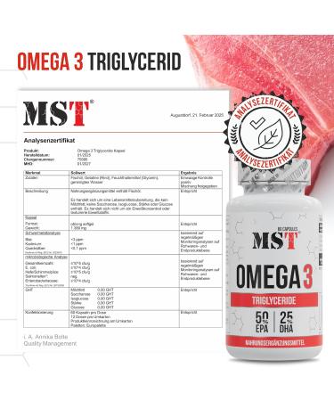 MST Omega 3 triglyceride 75 high dose 1000 mg fish oil per capsule 750 mg omega 3 fatty acids EPA + DHA better bioavailability pure & laboratory tested 180 capsules - Buy Online on GoSupps.com