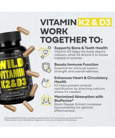Wild Foods 5000iu Vitamin D3 + K2 | (100mcg Mk7) with Black Pepper Extract, Plant-Based, Non-GMO, Soy & Gluten-Free | Dietary Supplement | Made in USA | 60 Capsules 60 Count (Pack of 1) - Buy Online on GoSupps.com