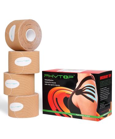 PHYTOP Kinesiology Tape Precut Strips - Muscle Tape 4 Rolls Pack - Sports Tape Athletic for Pain Relief Muscle Support & Injury Recovery Breathable Latex Free 2 Inch x 16.4 Feet (Beige)