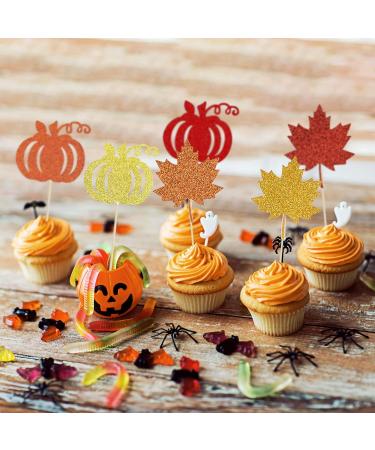 Festive Fall Cupcake Toppers Set - 18-Piece Glitter Maple Leaf and Pumpkin Cake Decorations for Thanksgiving and Autumn Harvest Celebrations - Golden Orange and Red Toppers for Cake and Cupcakes - Buy Online on GoSupps.com