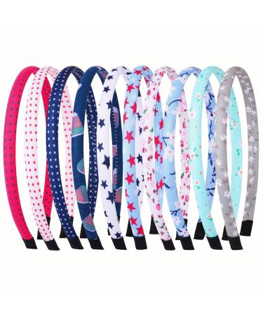 Fishdown Headband for Women Girls Headbands Plain for Kids Flower Polka Dots Heart Fabric Covered Thin Hairbands for Kids(Assorted 10pcs per Pack) (New Floral Style) Multi-colored-1