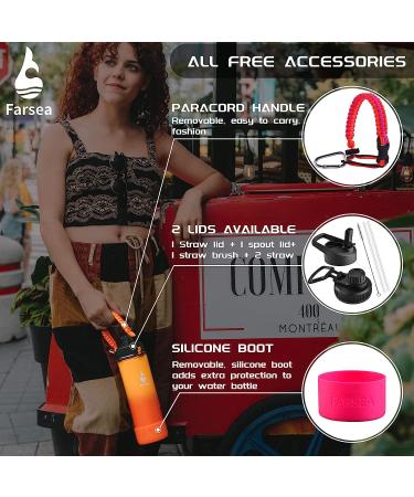 Farsea Insulated Water Bottle with Paracord Handle, Silicone Boot, 2 Lids - Stainless Steel, Double Wall, BPA-Free - 18 oz Coral/Punch - Buy Online on GoSupps.com