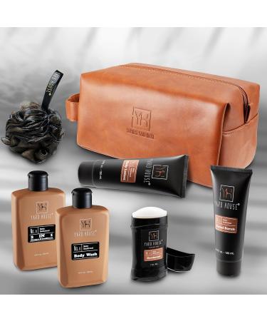 Luxury Men's Bath & Body Gift Set - Smoky Sandalwood Natural Skin Care Kit | Full Size Wash Scrub Lotion Deodorant in Leather Bag - Buy Online on GoSupps.com