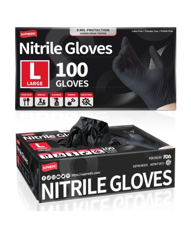 Supmedic Black Nitrile Exam Glove 5 mil Powder-Free Latex-Free Disposable Medical Gloves Box of 100 pcs (S/M/L/XL) Black (Large)