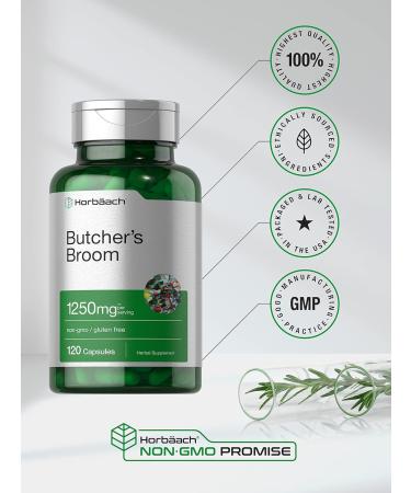 Horbaach Butchers Broom Capsules 1250mg | 120 Count | Non-GMO Gluten Free | Traditional Herb Root Extract Supplement - Buy Online on GoSupps.com
