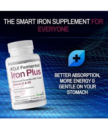 Magceutics Koji Fermented Iron Plus - Iron Supplement with Vitamin C Vitamin D3 and Folate for Blood Support Easily Absorbed and Bioavailable Stomach Friendly Vegan Non-GMO - 60 Capsules - Buy Online on GoSupps.com