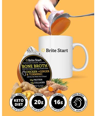 Brite Start Chicken Bone Broth with Ginger & Turmeric - 12 Count, Keto & Paleo Friendly, 16g Collagen, Organic Free Range Chicken Bones - Single Serve Packets - Buy Online on GoSupps.com