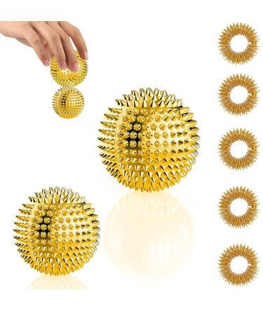 2 hedgehog ball massage + 5 acupressure ring finger - skill ball hedgehog ball small 32mm 47mm - skills ring acupressure rings for fingers - skills borderline hedgehog balls massage rings set for stress relief (gold) - Buy Online on GoSupps.com