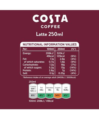 Costa Latte 4 x 250ml Ready-to-Drink Latte Coffee Pack - Buy Online on GoSupps.com