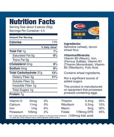 Barilla Manicotti Pasta 8 Oz. Box - Non-GMO Durum Wheat Semolina - Italy's #1 Pasta Brand - Kosher Certified - 8 Ounce Pack - Buy Online on GoSupps.com