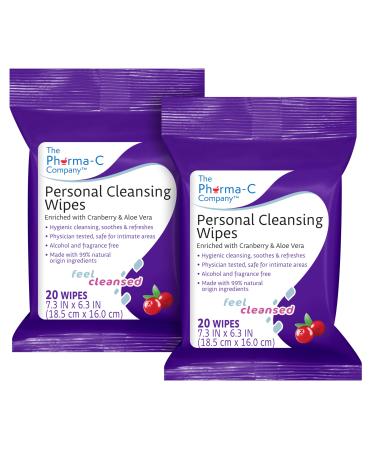 The Pharma-C Company Personal Cleansing Wipes 2 packs of 20 wipes - Enriched with Cranberry & Aloe Vera. Feminine Intimate Hygiene Wipe. 99% Natural Origin.