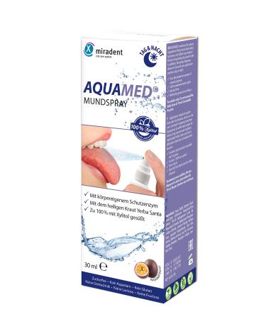 Miradent aquamed mouth drying spray 30 ml |With Xylitol |receives moisture level |With fruity refreshing taste (passion fruit) |Tooth mineralizing |Without alcohol |sugar free