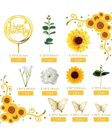 Sunflower Rose Flower Cake Decorations Butterfly Cake Topper with Artificial Eucalyptus and Happy Birthday Topper for Summer Sunflower Wedding Party Decorations Baby Shower Supplies (Sunflower) - Buy Online on GoSupps.com