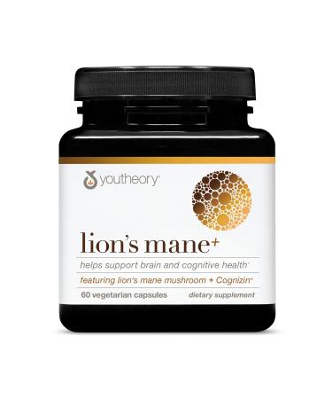 Youtheory Lion's Mane Plus - Mushroom Supplement with Cognizin - Offers Focus & Brain Support* - 60 Vegetarian Capsules 60 Count (Pack of 1)