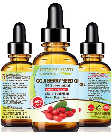 GOJI BERRY SEED OIL Lycium Barbarum Himalayan 100% Pure Natural Virgin Unrefined Cold Pressed Carrier Oil 0.5 Fl. Oz.- 15 ml for FACE SKIN HAIR NAILS by Botanical Beauty