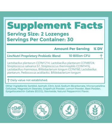 LincNutri Oral Probiotics for Bad Breath & Mouth for Adults 10 Billion CFU - Dental Probiotic Supports Fresh Breath - Dental Plaque & Cavity Prevention - for Gum & Teeth Care - 60 Lozenges Mint Flavor - Buy Online on GoSupps.com