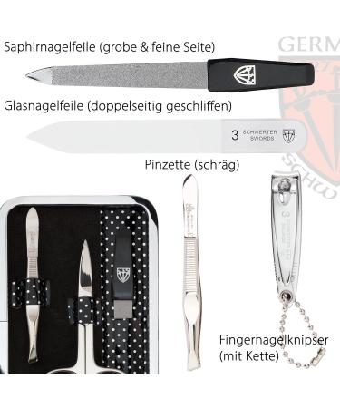Buy Three Swords Germany 6 pcs Manicure Set 'Genova' - Black Dotted Artificial Leather Nail Care Kit with Scissors Clippers Glass & Sapphire Files - Buy Online on GoSupps.com