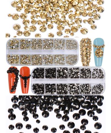Spearlcable 5400 Pieces Crystal Nail Rhinestones Set Nail Gems Black and Gold Flat Back Round Beads Glass Charms for Crafts Nail Art Clothes Shoes Bags DIY 6 Mixed Size(Color B)