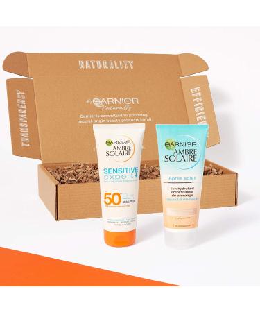 Garnier Ambre Solaire Complete Sun Protection Set - Protective Milk SPF 50+ + Hydrating Aftersun Tanning Enhancer Treatment - Face & Body - Light & Sensitive Skin - 200 ml - Buy Online on GoSupps.com