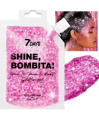 7DAYS Shine Bombita! Glitter Gel for Face Hair & Body | Sparkling Face Paint with Chunky Sequins for Party Rave Festival & Halloween | Quick-Drying No Glue Holographic Makeup | Pink 90ml PLAYFUL PINK