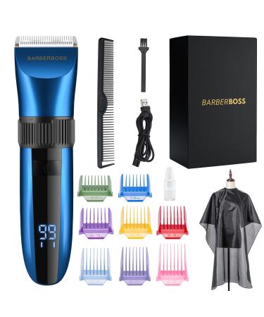 BarberBoss Cordless Self-Sharpening Beard & Hair Trimmer - Waterproof with Ceramic Blades LED Display Fast Charging and 8 Color Comb Attachments QR-2082