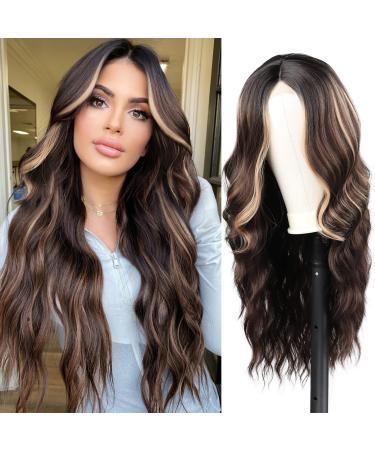 Long Brown Wavy Wig, 24 Inch Highlight Wigs for Women Synthetic Wigs for Daily Party Wear Natural Women Wigs Brown/Blonde