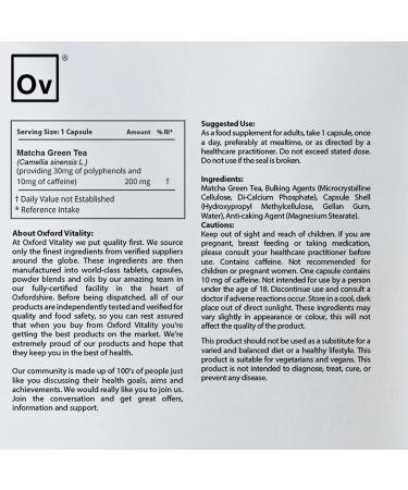 Matcha Green Tea Capsules | Non-GMO | Vegan | Rich in Polyphenols | Premium Quality | UK Made | Oxford Vitality (365 Capsules) 365 Count (Pack of 1) - Buy Online on GoSupps.com