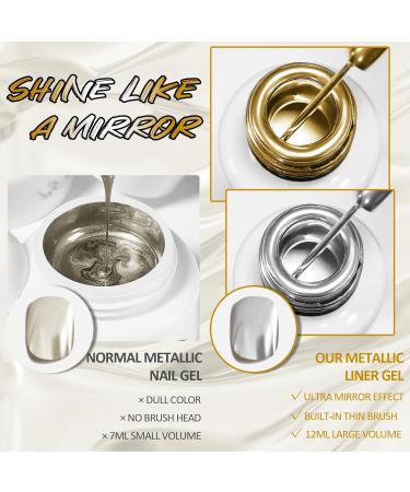U-Shinein 2x12ml Metallic Painting Nail Gel Liner Gold & Silver Metal Painted Drawing Gel Strong Mirror Reflection Nail Art Paint Nail Liner Gel UV Nail Gel with Build in Thin Brush Gold+Silver - Buy Online on GoSupps.com
