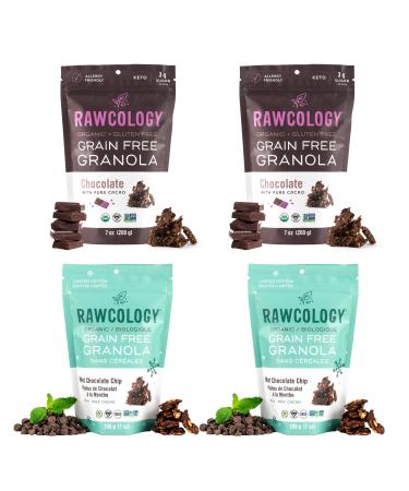 Rawcology - Keto Chocolate & Mint Cholocate Chip Organic Granola| Grain Free Granola | Gluten Free Granola | Healthy Cereal | Vegan Low Sugar Keto Paleo Peanut Free Allergen Friendly (4 x 200g) Mint Chocolate Chip & Chocolate