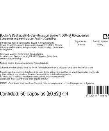 Doctor's Best Acetyl-L-Carnitine 500mg 60 Vegan Capsules - Laboratory Tested, Gluten-Free, SOYA-Free, Vegetarian, Non-GMO - Buy Online on GoSupps.com