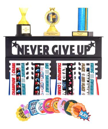 AGATHOS HOME Never Give Up Medal Hanger Display with Trophy Shelf - Easy Install Metal Awards Display for Walls Holds 64+ Sports Medals- Our Medal Holder Rack Includes 10 Inspirational Stickers