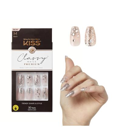 KISS Classy Press On Nails Nail glue included 'My Muse' Light White Medium Size Coffin Shape Includes 30 Nails 2g glue 1 Manicure Stick 1 Mini File