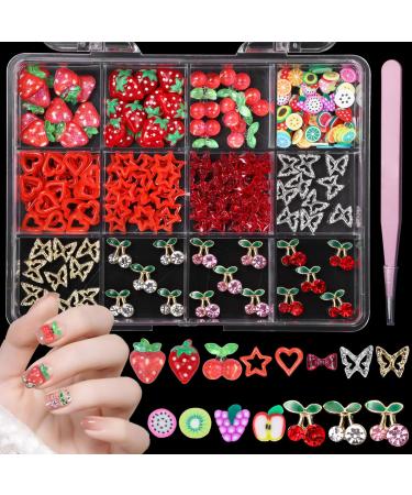 3D Fruit Cherry Nail Charms Gold&Silver Butterfly Cherry Alloy Nail Gems Charms+Bow Strawberry Heart Star Acrylic Nails Art Charms+Color Fruit Slices Nail Charms for Nails Design